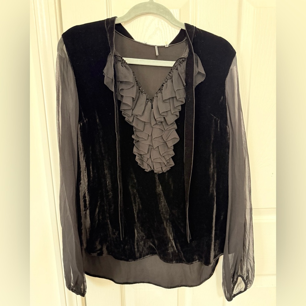 Elie Tahari Black Velvet And Silk Ruffle Blouse Size Medium
